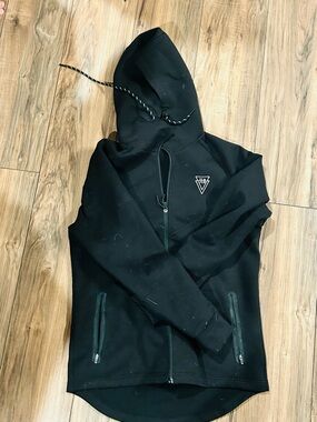 Men's Black Zip-Up Hoodie with Geometric Chest Logo